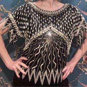 Vtg 80s 90s bead pearl sequin silk top Art Deco flapper silver black embellished